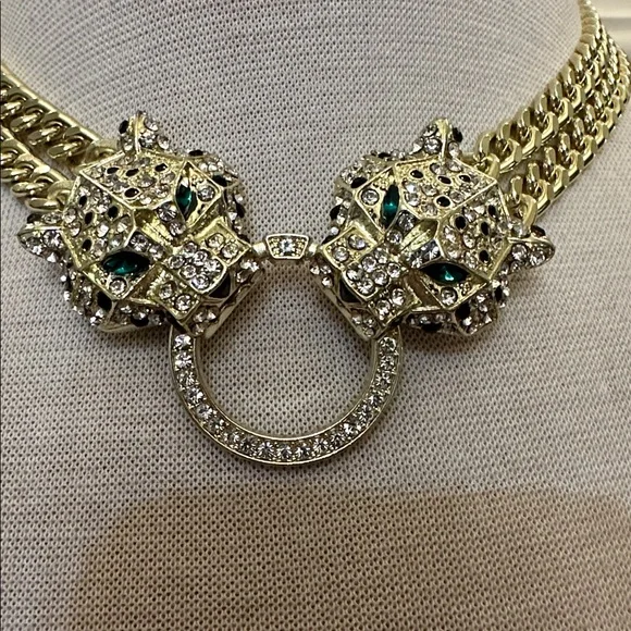 “eye candy” Gold-Tone Panther Choker Necklace w/ rhinestones & Gn. Crystal Eyes - Picture 4 of 4
